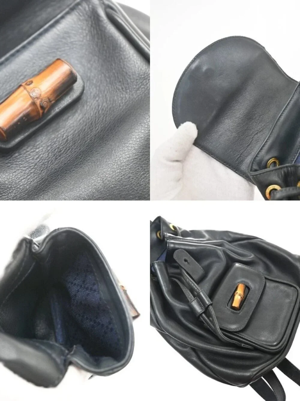 GUCCI Logo Bamboo Mini Backpack Bag Leather Navy Blue Italy 30YJ323